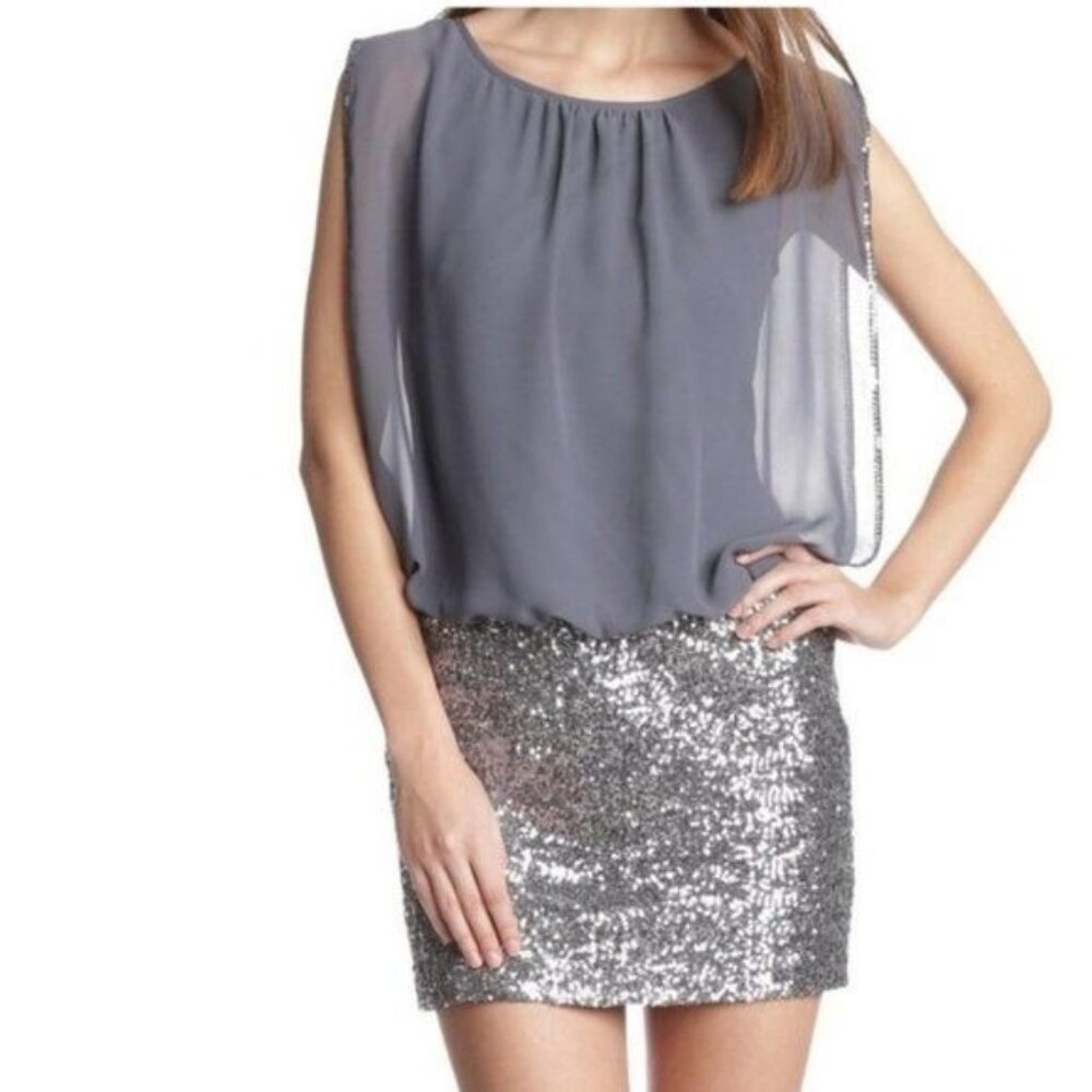 Aidan Mattox Women's Chiffon Blouson Mini Dress Sequin Skirt Size 4 Gray Silver